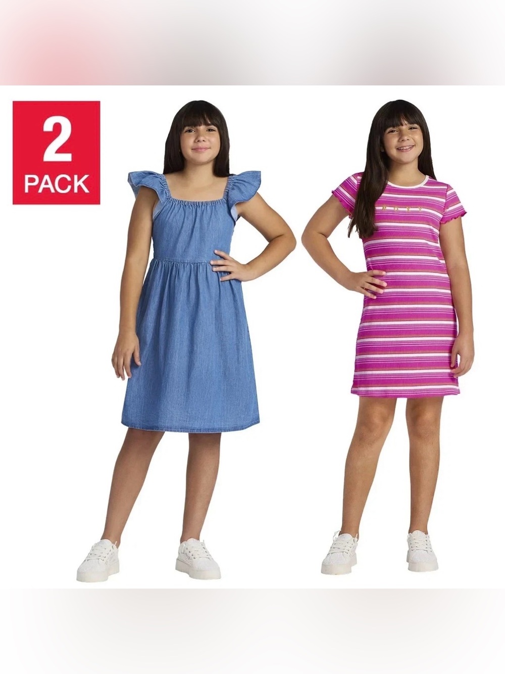 Roxy Girls 2-Pack Blue Chambray Dress & Pink Stripe Tee Dress